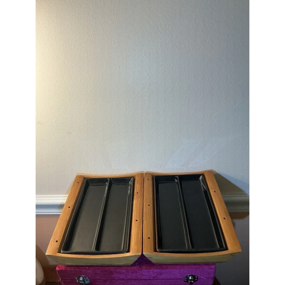 Tru Bamboo 4 Piece Serving Set Black Ceramic Divided Trays with Bamboo Bases